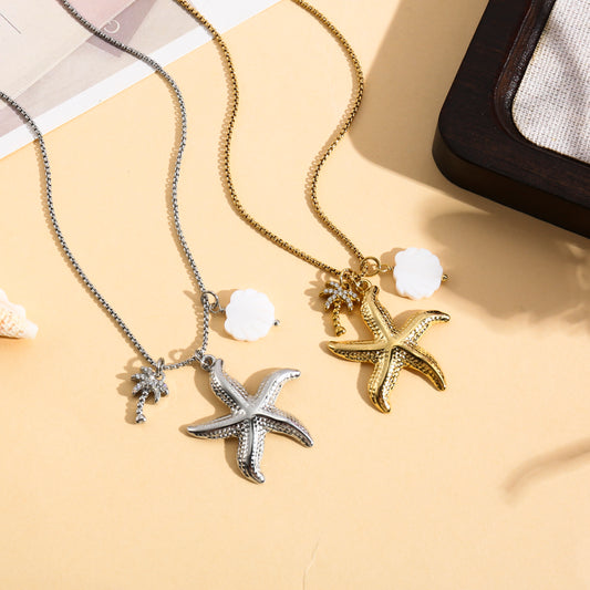 Collier pendent étoile de mer, palmier et coquillage nacré