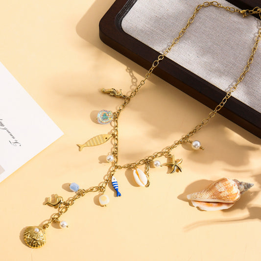 Collier doré en Y charms marins avec pierres et poisson