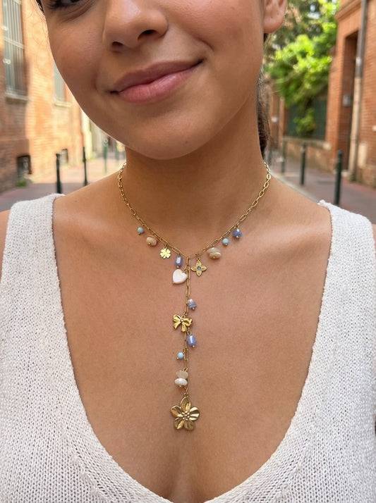 Collier doré en Y à pendentif fleur et pierres