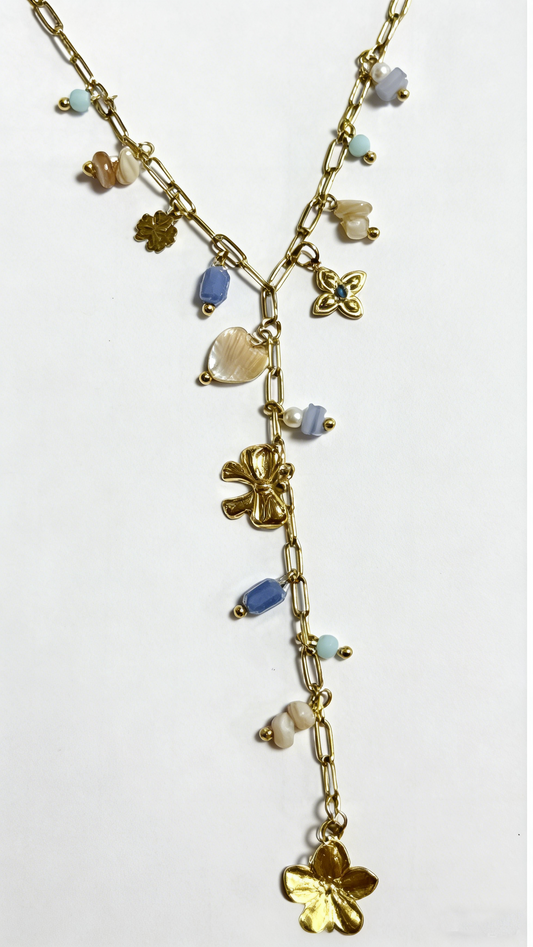 Collier doré en Y à pendentif fleur et pierres