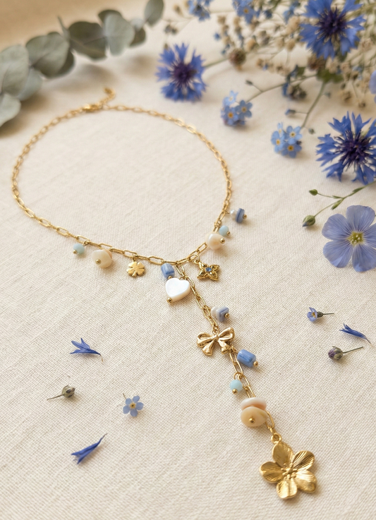 Collier doré en Y à pendentif fleur et pierres