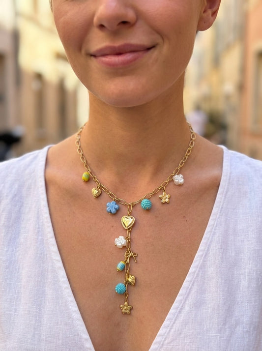 Collier doré en Y à pampilles florales et perles turquoise