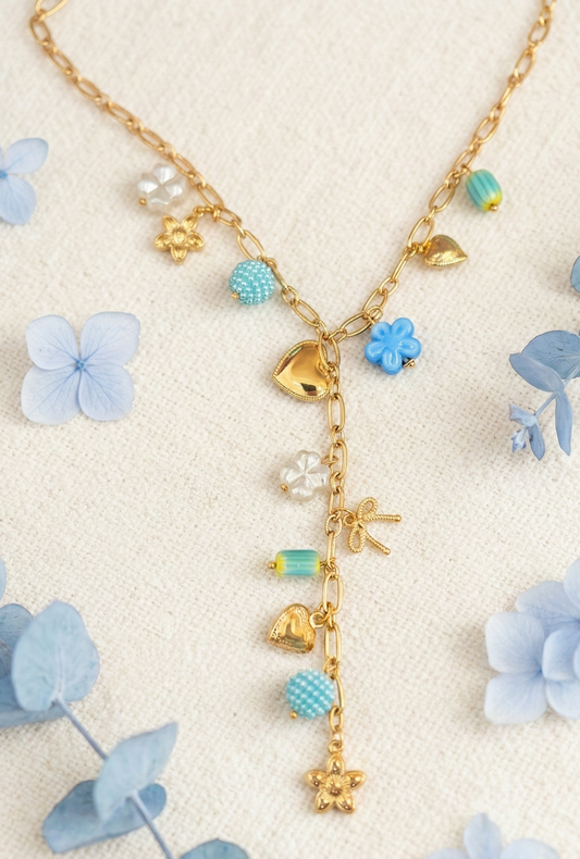 Collier doré en Y à pampilles florales et perles turquoise