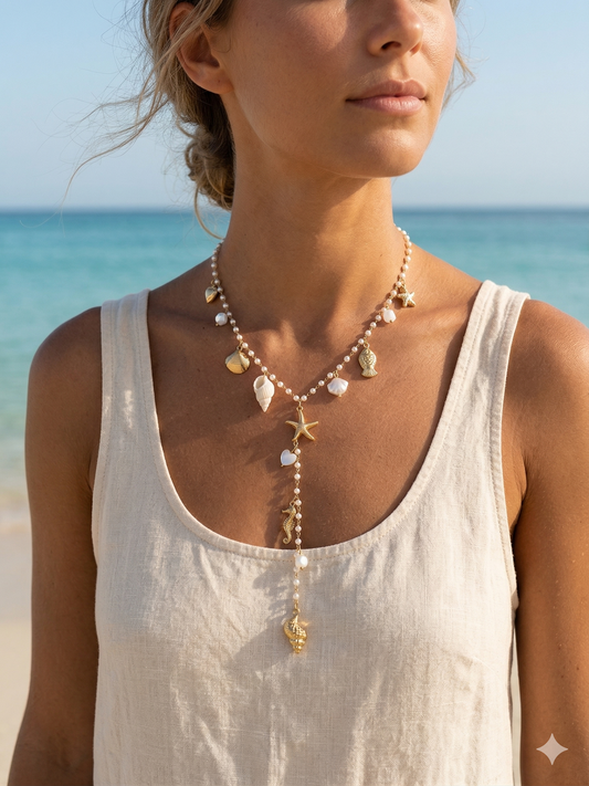 Collier doré en Y perles et charms marins dorés et nacrés