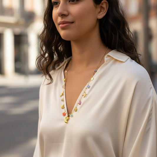 Collier sautoir chaîne dorée fine avec breloques multicolore pastel