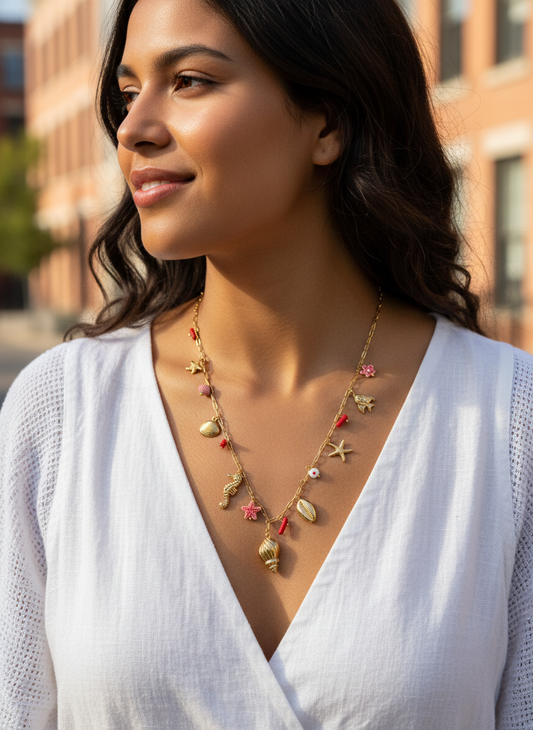 Collier sautoir chaîne dorée fine avec breloques rouge coquillage