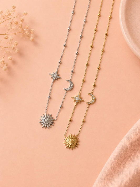 Collier soleil lune étoile serti
