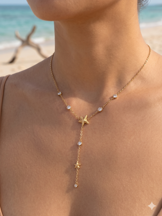 Collier doré en Y étoile de mer à pendentif strass