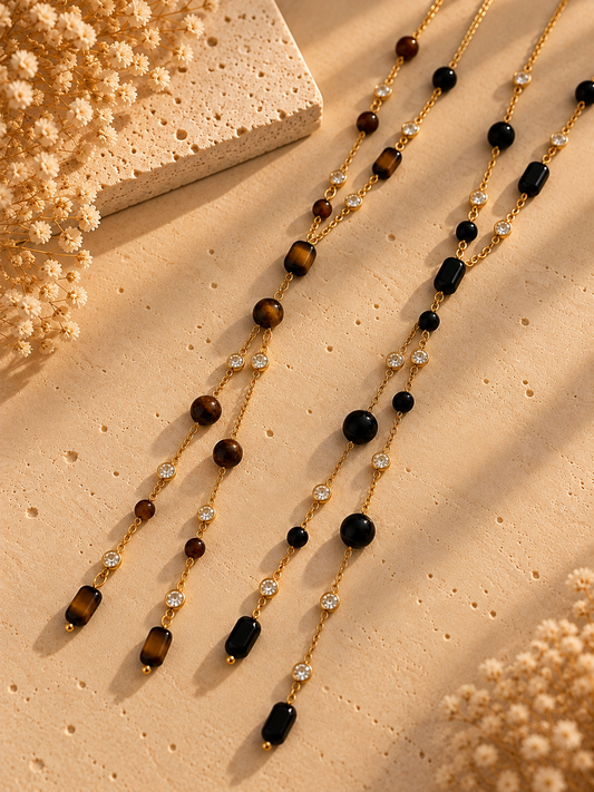 Sautoir chaîne perles et tubes pierres naturelles et zircons