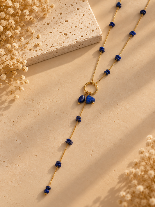 Collier long chaîne pierres naturelles pendentif anneau en Y