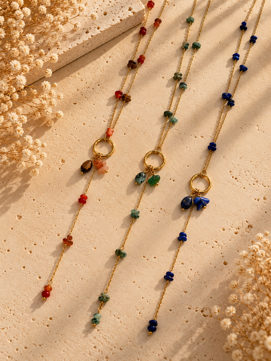 Collier long chaîne pierres naturelles pendentif anneau en Y