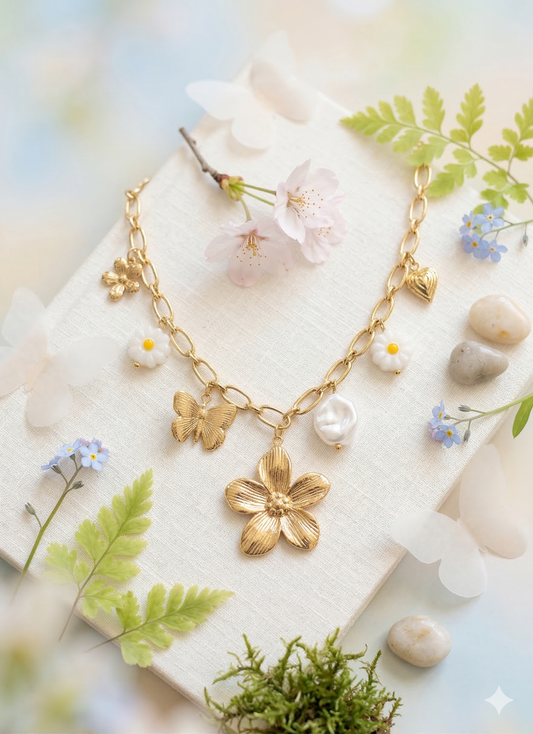 Collier doré à charms fleurs et papillon