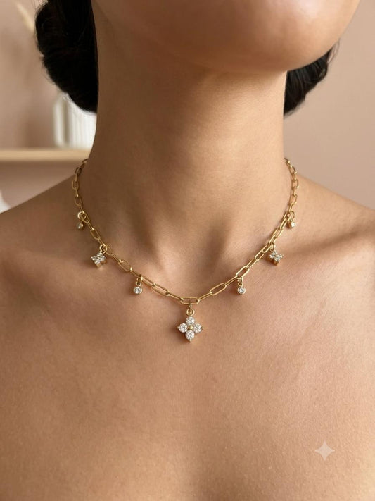 Collier chaîne trombone à trèfles sertis