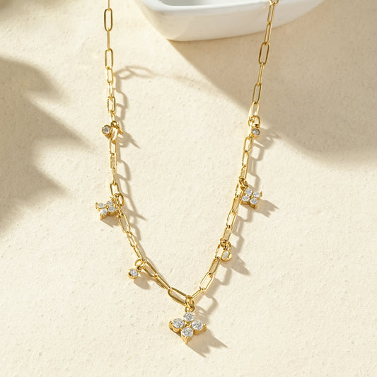 Collier chaîne trombone à trèfles sertis