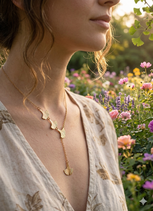 Collier chaîne fine pendentifs ginkgo cascade