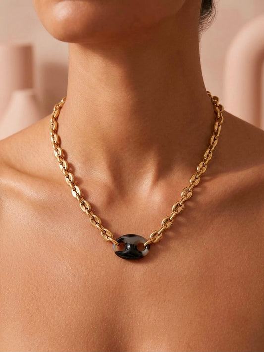 Collier chaîne maillon marine, motif résine léopard