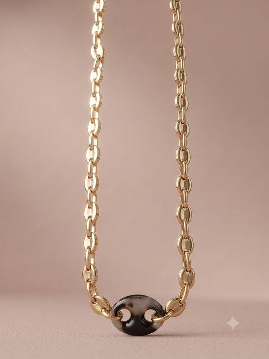 Collier chaîne maillon marine, motif résine léopard