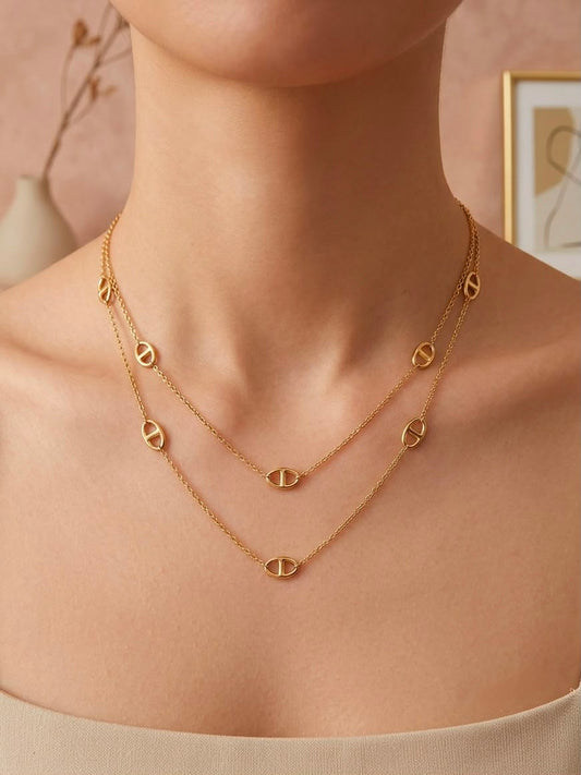 Collier double chaîne maillons marine