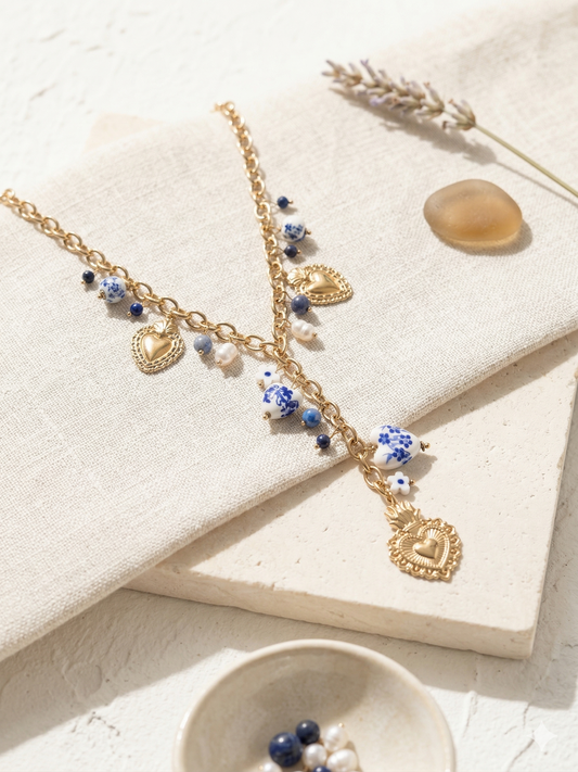 Collier doré en Y charms cœurs dorés et bleus porcelaine