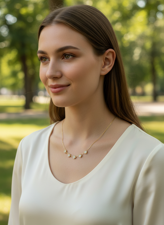 Collier à cinq fleurs blanches avec strass central