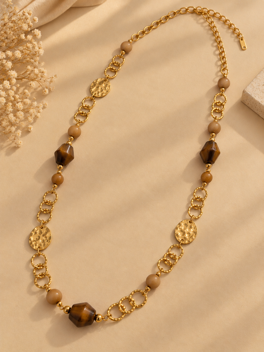 Collier sautoir long maillons martelés résine