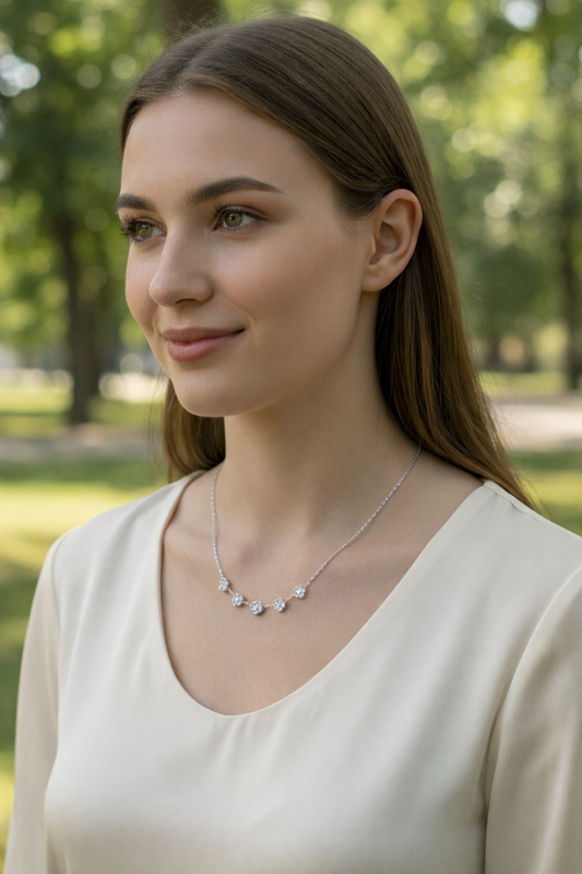 Collier à cinq fleurs blanches avec strass central