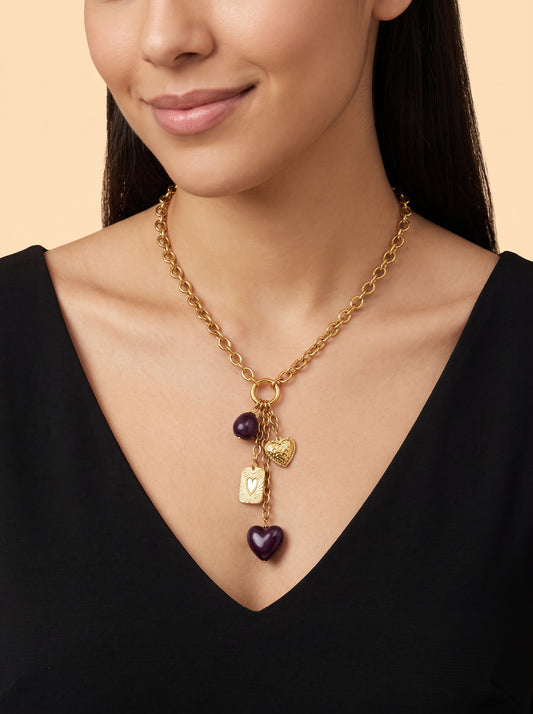 Collier en Y gros maillons cœur résine plaque