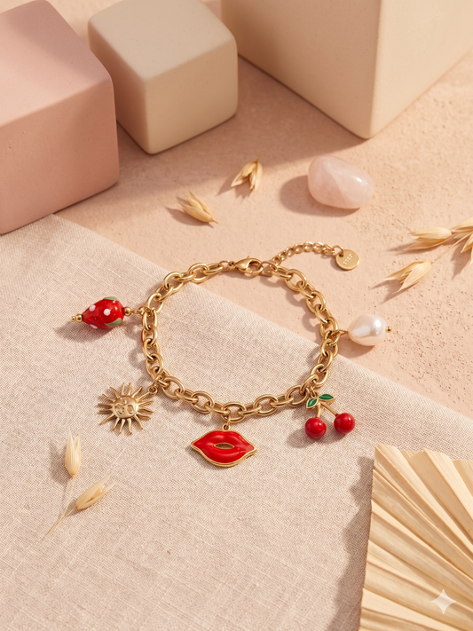 Bracelet doré à charms lèvres, soleil, perle et fruits