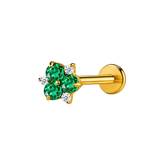 Piercing fleur verte et strass blancs en titane