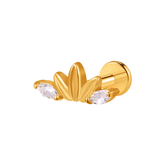 Piercing feuille striée et strass navettes en acier inoxydable