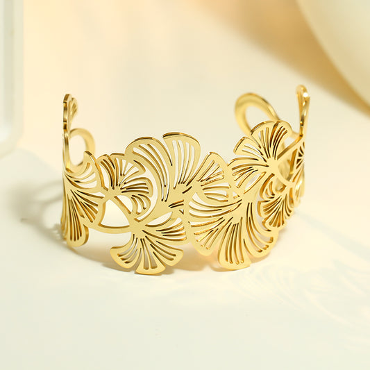 Bracelet Jonc Doré Feuille Ouverture