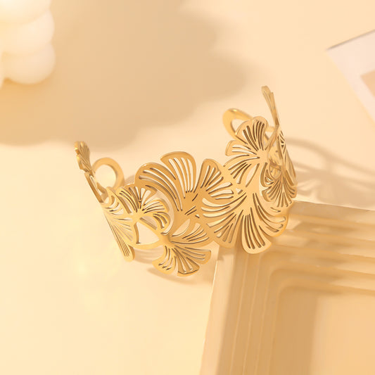 Bracelet Jonc Doré Feuille Ouverture