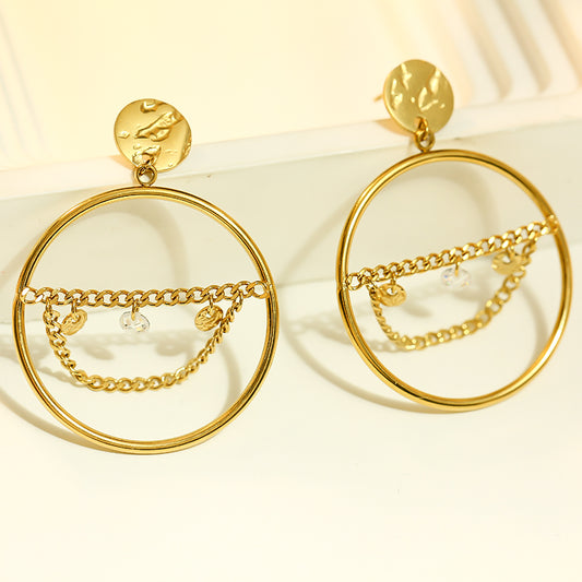 Boucles d'oreilles Dorées Cercle Avec Chaîne Au Centre