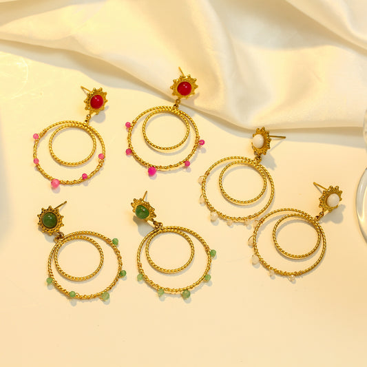 Boucles d'oreilles Dorées Double Cercle Soleil Pierres Blanches