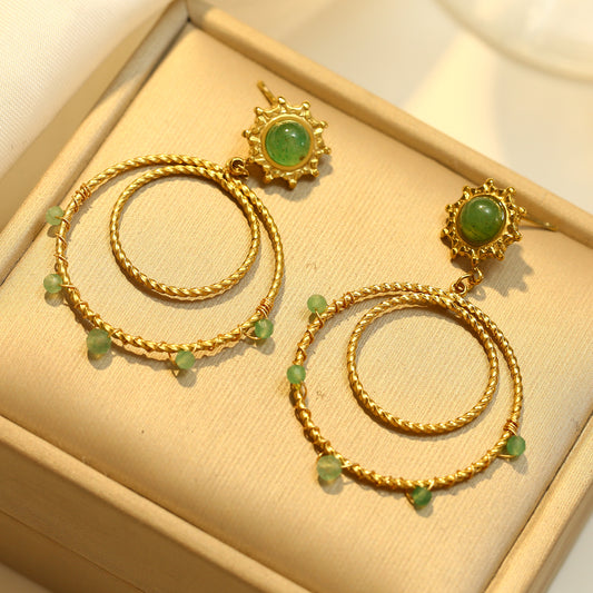 Boucles d'oreilles Dorées Double Cercle Soleil Pierres Vertes