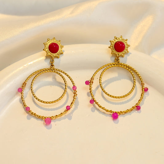 Boucles d'oreilles Dorées Double Cercle Soleil Pierres Fuchsia