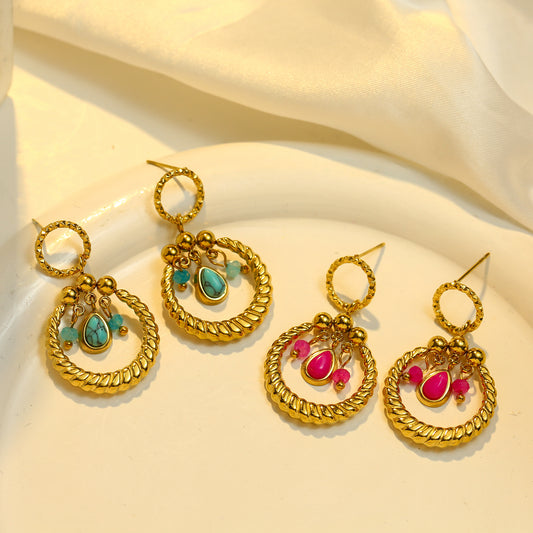 Boucles d'oreilles Dorées Anneau avec Pierres Naturelles Roses