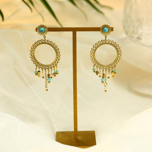 Boucles d'oreilles Dorées Pierre Turquoise Avec Chaînes Pendantes