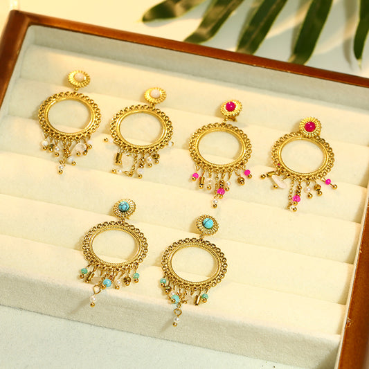 Boucles d'oreilles Dorées Pierre Turquoise Avec Chaînes Pendantes