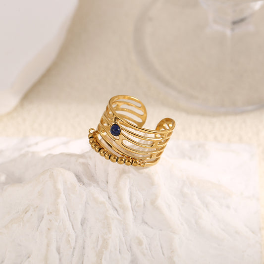 Bague Dorée Large Lignes Avec Pierre Lapis-Lazuli Et Perles Dorées