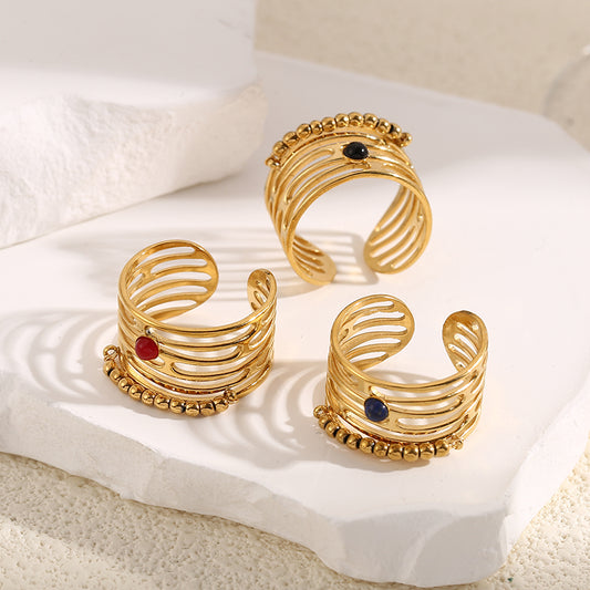 Bague Dorée Large Lignes Avec Pierre Lapis-Lazuli Et Perles Dorées