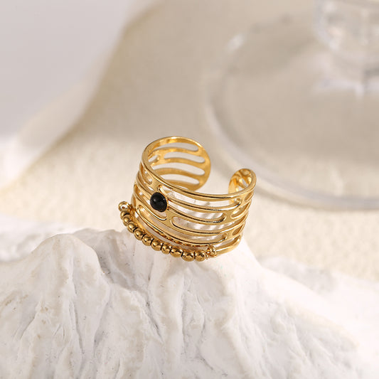 Bague Dorée Large Lignes Avec Pierre Noire Et Perles Dorées