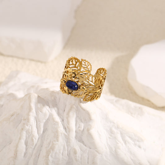 Bague Dorée Motif Feuilles Avec Pierre Ovale Lapis-Lazuli