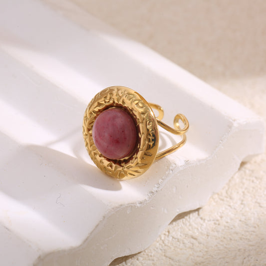 Bague Dorée Ajustable Cercle Texturé Entouré Avec Pierre