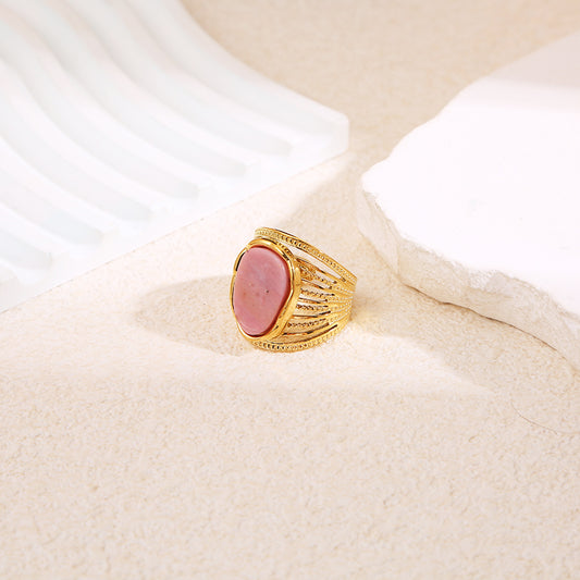 Bague dorée multi anneaux texturés avec pierre ovale marbrée