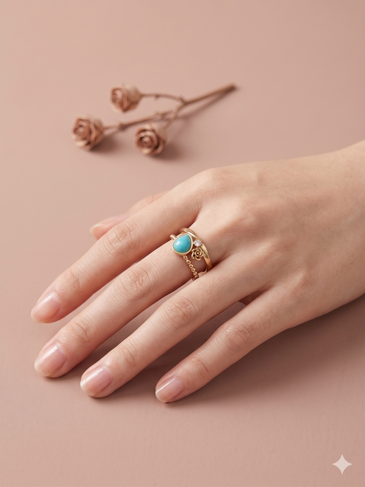 Bague dorée double anneau pierre en forme de goutte fleur et strass