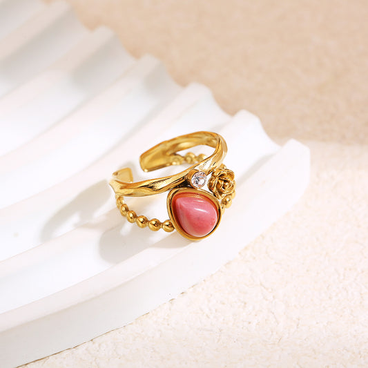 Bague dorée double anneau pierre en forme de goutte fleur et strass