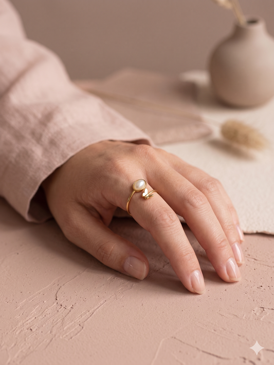 Bague dorée ajustable croisée avant avec extrémité perle ovale et papillon