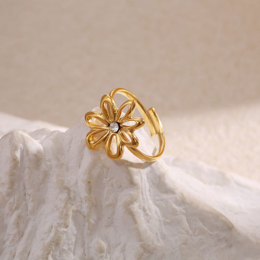 Bague Dorée Ajustable Fleur Avec Strass Au Centre