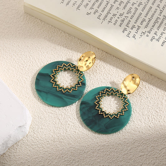 Boucles d'Oreilles Dorées Disques Turquoises avec Motifs